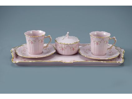 Kávová souprava, růžový porcelán, Amis, kytičky, Leander, 7 d.