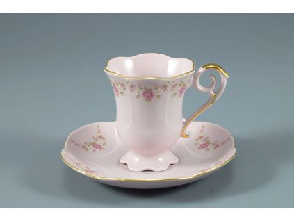 Karolína, kávový šálek s podšálkem, 0,10 l, růžový porcelán, kytičky, Leander