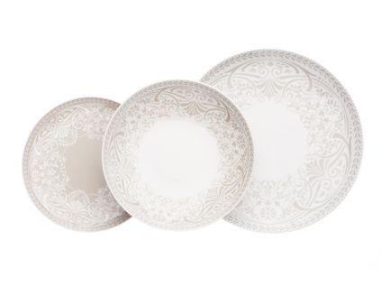 Talířová souprava, šedá krajka, český porcelán Thun, 18 Ks