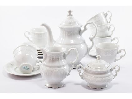 Kávová souprava Sonáta, bílá krajka, bílý porcelán, Leander, 15 dílná