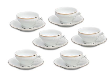 Bernadotte, šálky s podšálky čajové, 205 ml, bílý porcelán, zlatá linka, Thun, 6 ks
