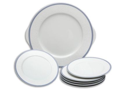 Opal, koláčová souprava, bílá krajka, modrý lem, porcelán Thun, 7 d.