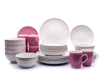Jídelní souprava, Kodaň, růžové puntíky, karlovarský porcelán, Thun, 30 d.
