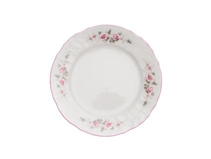 Talíř mělký, český porcelán, Bernadotte, 25 cm, růže, růžový proužek, Thun