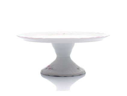 Talíř na dort na noze, český porcelán, Bernadotte, 32 cm, růže, růžový proužek, Thun