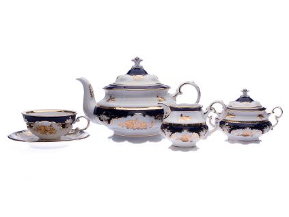 Čajová souprava Sonáta, český porcelán, 15 d., kobalt, zlatá růže, Leander