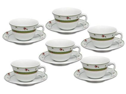 Menuet, šálky s podšálky, čajové, český porcelán, 6 d., růže, zelená, Thun