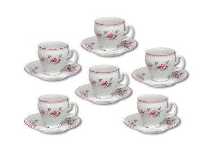 Šálky a podšálky, 90 ml, český porcelán, Bernadotte, růže, růžový proužek, Thun, 6 ks