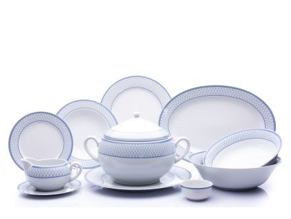 Jídelní souprava, český porcelán, Opal, modrá mřížka, 25 d., Thun 1794