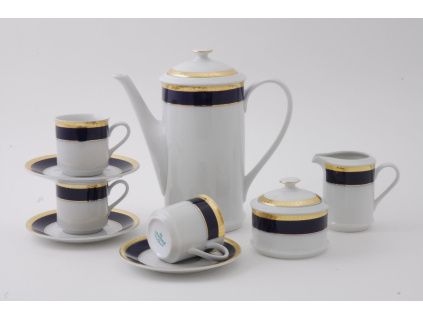 Sabina, kávová souprava, porcelán, kobalt + zlatý cop, 15 d.