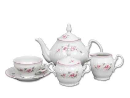 Čajová souprava, český porcelán, Bernadotte, růže, růžová linka, 15 d., Thun 1794