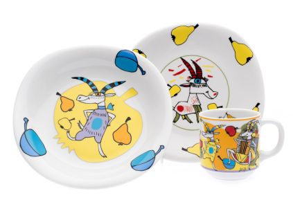 Dětská porcelánová souprava, Veselá koza, D. Raunerová, Suisse Langenthal, 3 d.
