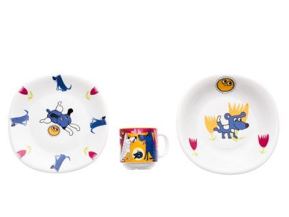 Dětská porcelánová souprava, Veselý pes, D. Raunerová, Suisse Langenthal, 3 d.