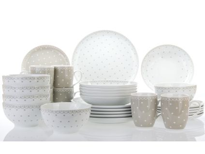 Jídelní souprava, Kodaň, šedé puntíky, karlovarský porcelán, Thun, 30 d.