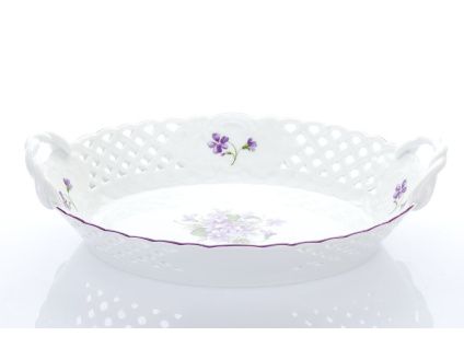 Košík prolamovaný, český porcelán, 28 cm, fialky, Český porcelán
