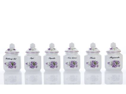 Sada porcelánových dóz na koření, 200 ml, fialky, Český porcelán, 6 ks