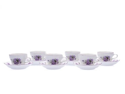 Sada šálků s podšálky, 6 ks, český porcelán, 0,21 l, fialky, Český porcelán