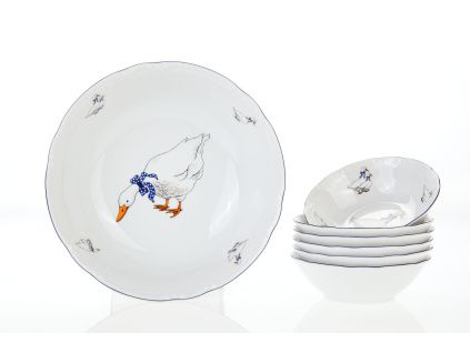 Kompotová souprava, husy, porcelán, Constance, Thun, 7 d.