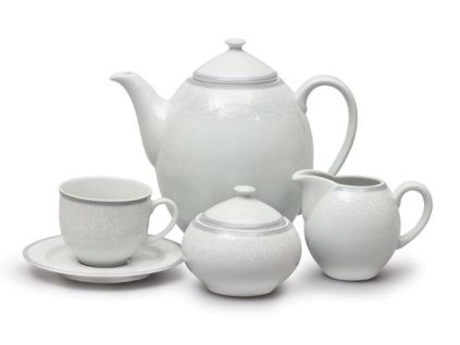 Opal, kávová souprava, porcelán, bílá krajka, šedý lem, Thun, 15 ks
