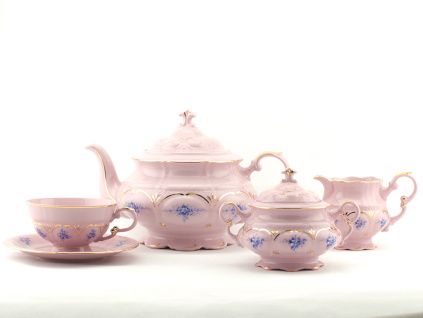Čajová souprava, modré květiny, růžový porcelán, Leander, 15 dílná