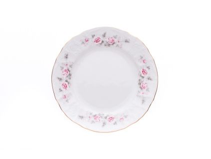 Talíř dezertní, český porcelán, Bernadotte, 19 cm, růže, zlatá linka, Thun
