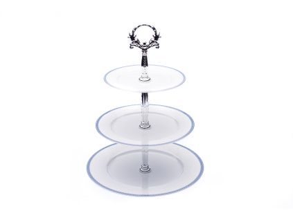 Opal, etažérka, bílá krajka, modrý lem, stříbrný klíč, porcelán Thun