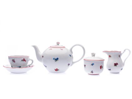 Čajová souprava, házenka s červeným proužkem, Český porcelán, 15 d.