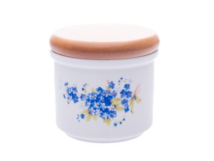 Dóza s dřevěným uzávěrem A - malá  8,0 x 9,7 cm, pomněnky, porcelán Dubí