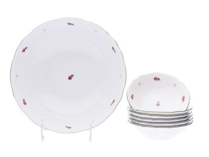Kompotová souprava, 7 d., růžové kytičky, porcelán G. Benedikt