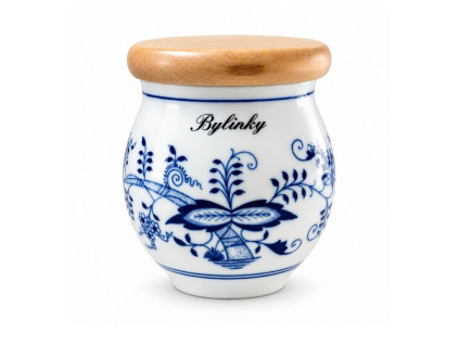 Dóza s nápisem Bylinky, 10,4 cm, cibulák, Český porcelán