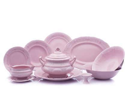 Jídelní souprava Sonáta, bílá krajka, růžový porcelán, Leander, 25 dílná