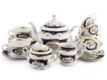 Čajová souprava Sonáta,  český porcelán, kobalt, růže, Leander