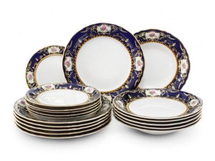 Talířová souprava Sonáta, český porcelán, kobalt, růže, Leander, 18 dílná