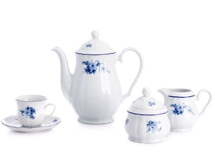 Rose, kávová souprava, český porcelán, modré růže, Thun, 15 d.