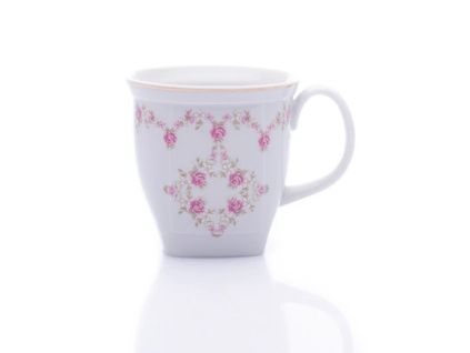 Hrnek hranatý 0,33, bílý porcelán, kytičky, zlatá linka, Leander