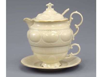 Šálek s konvičkou, český porcelán, slonová kost, zlatá linka, 0,2 l a 0,4 l, Leander